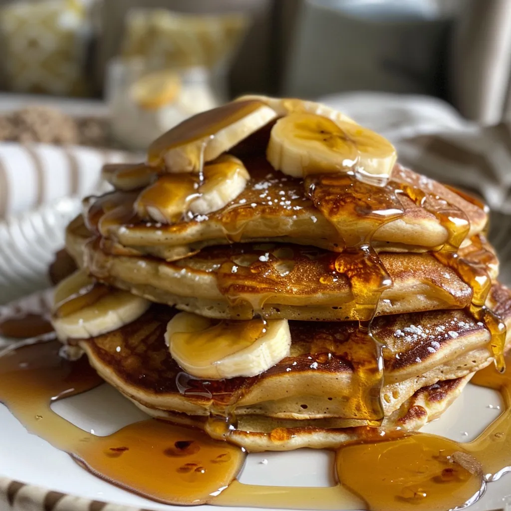 Juicy caramel banana pancakes served on a plate, drizzled with homemade caramel and garnished with sliced bananas.