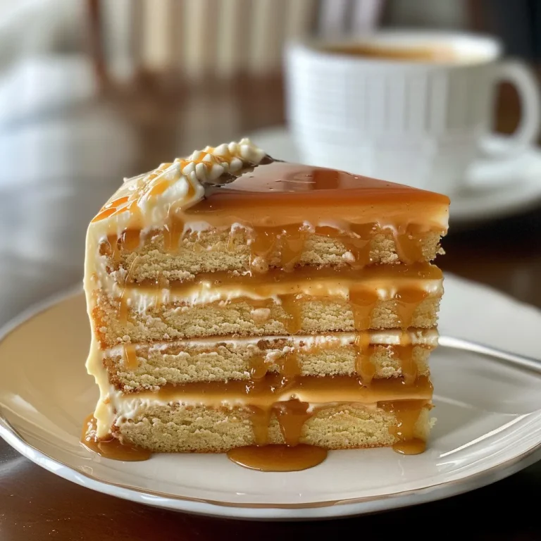 The Sweet Embrace of Caramel Cake: A Slice of Nostalgia Close-up side view of a luscious caramel cake with a glossy caramel drizzle.