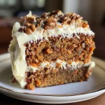 Close-up view of a moist carrot cake slice topped with smooth cream cheese frosting.