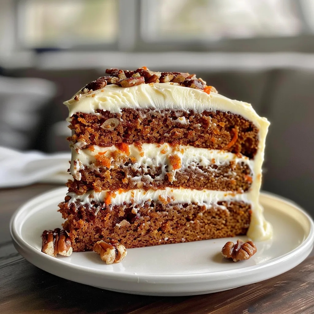 Close-up of carrot cake adorned with smooth cream cheese frosting.