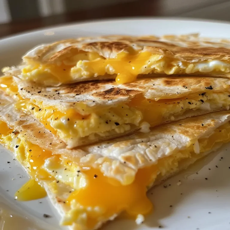 Close-up view of a golden Cheddar Egg Quesadilla with melted cheese oozing out.
