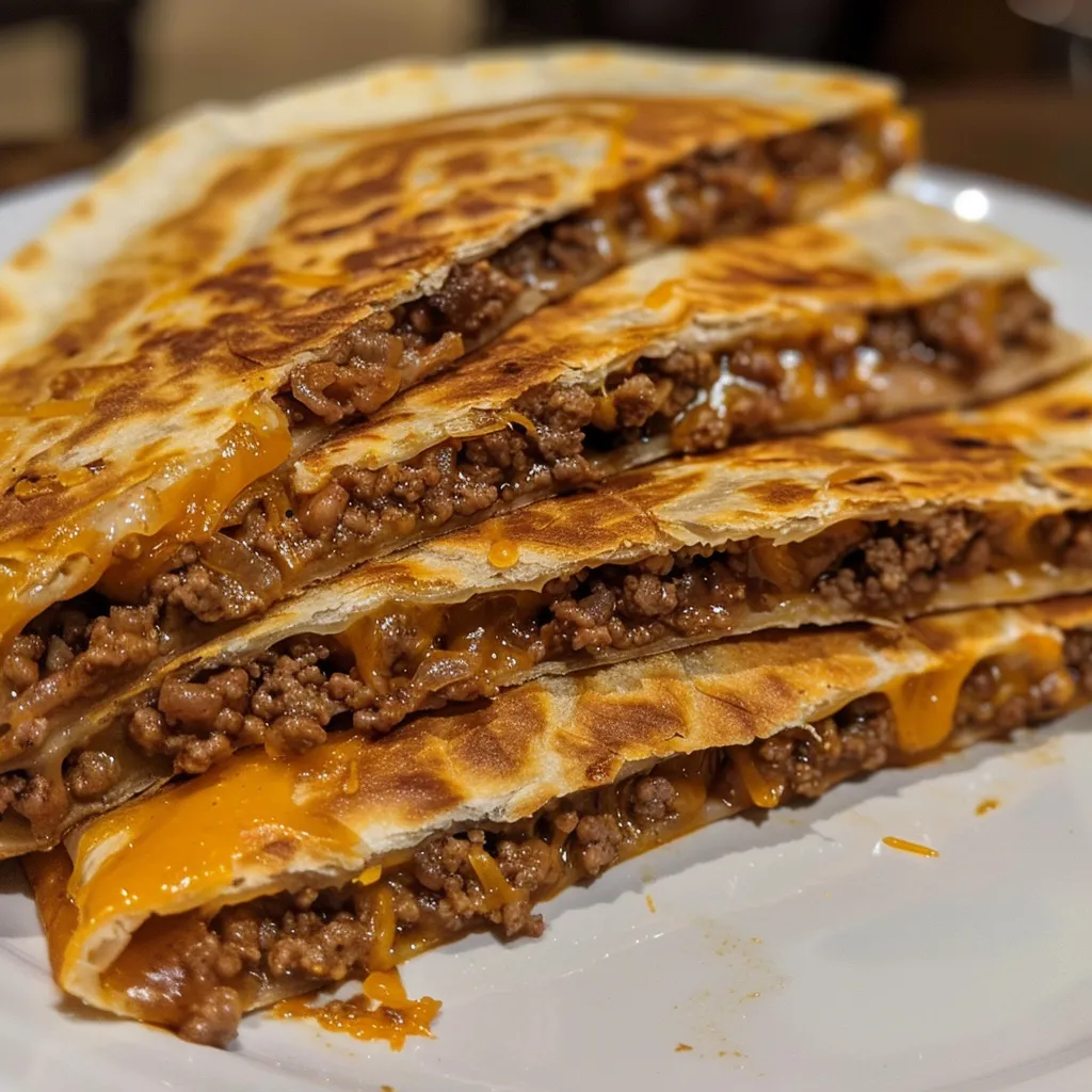 Juicy ground beef quesadillas with melted cheese and golden tortillas.