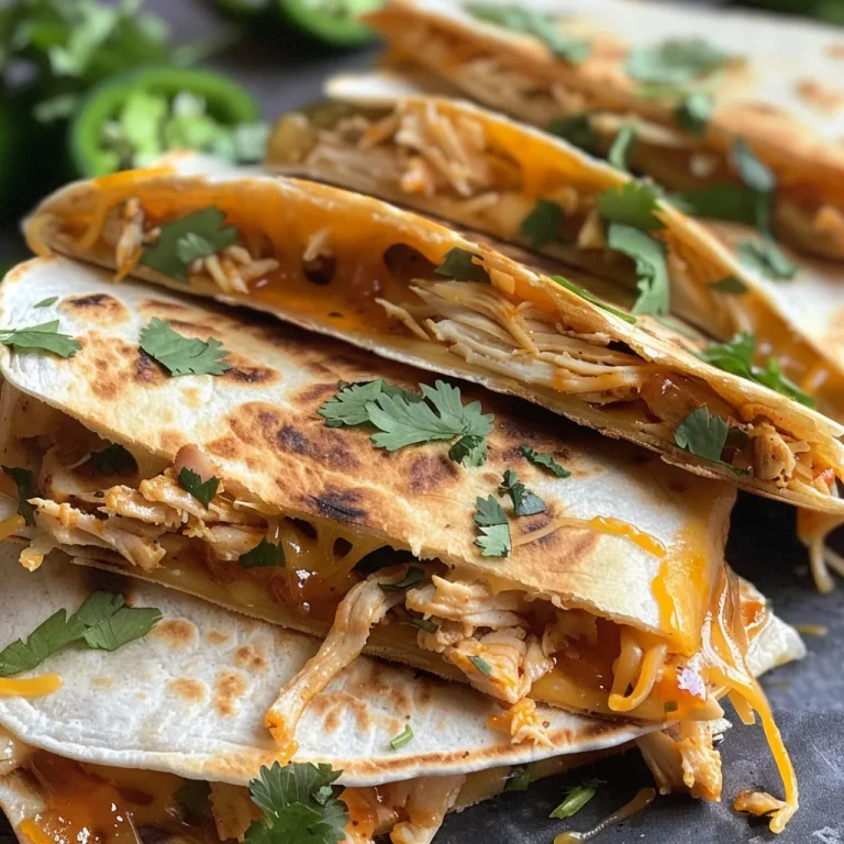 The Cheesy Hot Honey Chicken Quesadilla That Brings Family Together A close-up of cheesy hot honey chicken quesadillas, showing melty cheese and diced jalapeños.