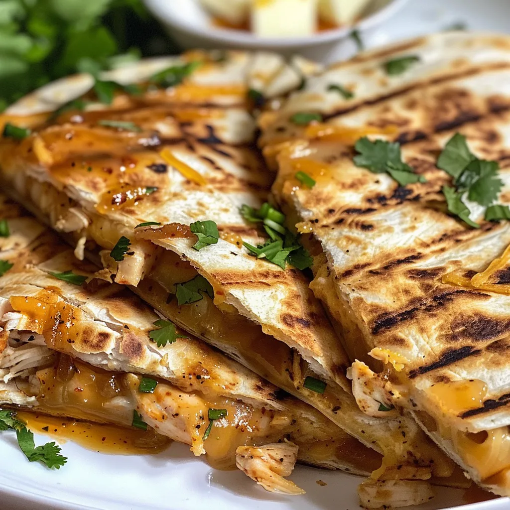 Juicy chicken quesadillas drizzled with hot honey, garnished with fresh cilantro.