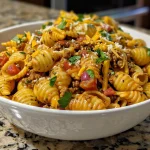 Close-up view of Cheesy Taco Pasta with large shells, ground beef, and melted cheese.
