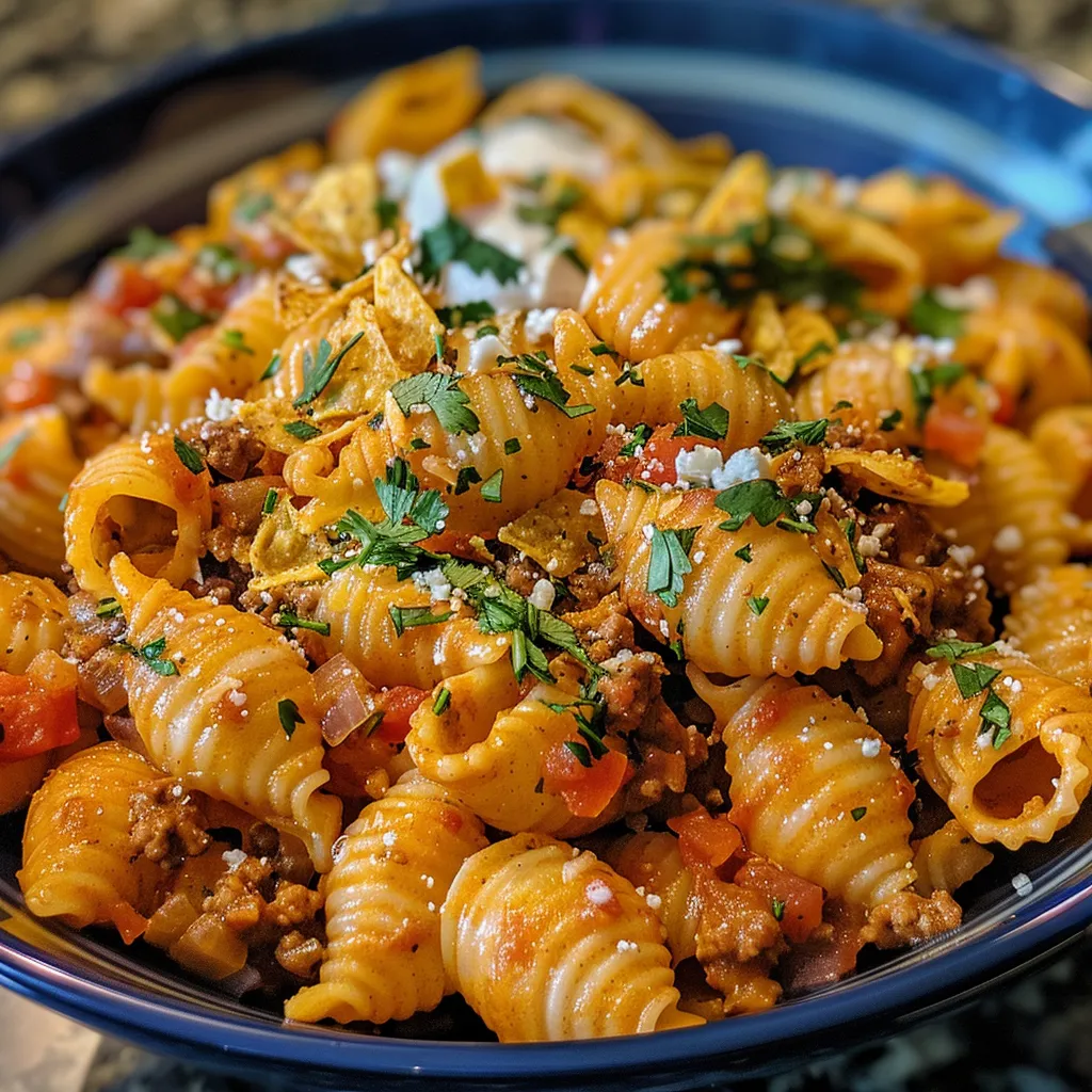Side angle of a bowl of Cheesy Taco Pasta garnished with crushed tortilla chips and parsley.