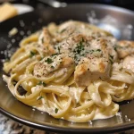 Close-up of a creamy Chicken Alfredo pasta dish with tender chicken pieces and fettuccine.