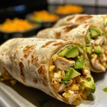 Close-up view of a chicken avocado ranch burrito filled with fresh ingredients.