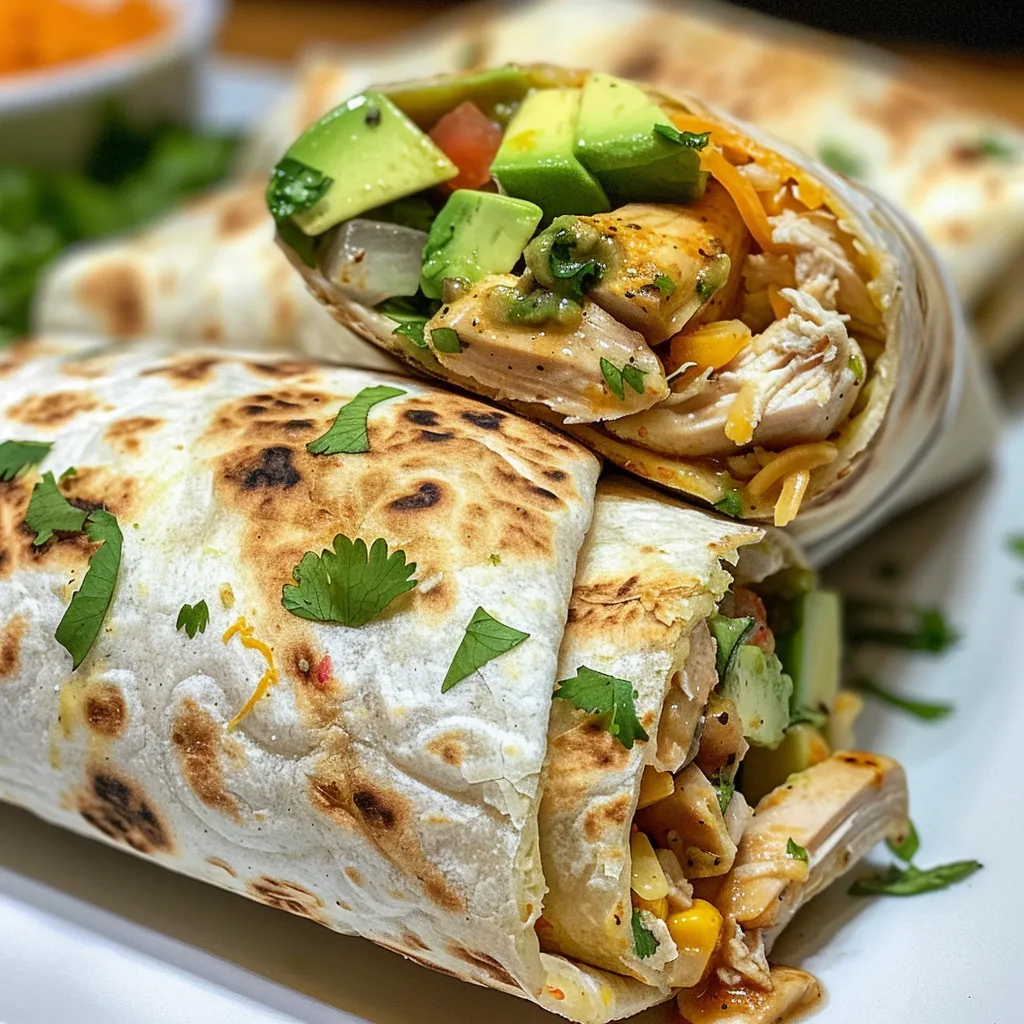 Side view of a juicy chicken avocado ranch burrito on a plate, showcasing its vibrant fillings.