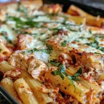 Close-up view of Chicken Baked Ziti with melted cheese and fresh basil.