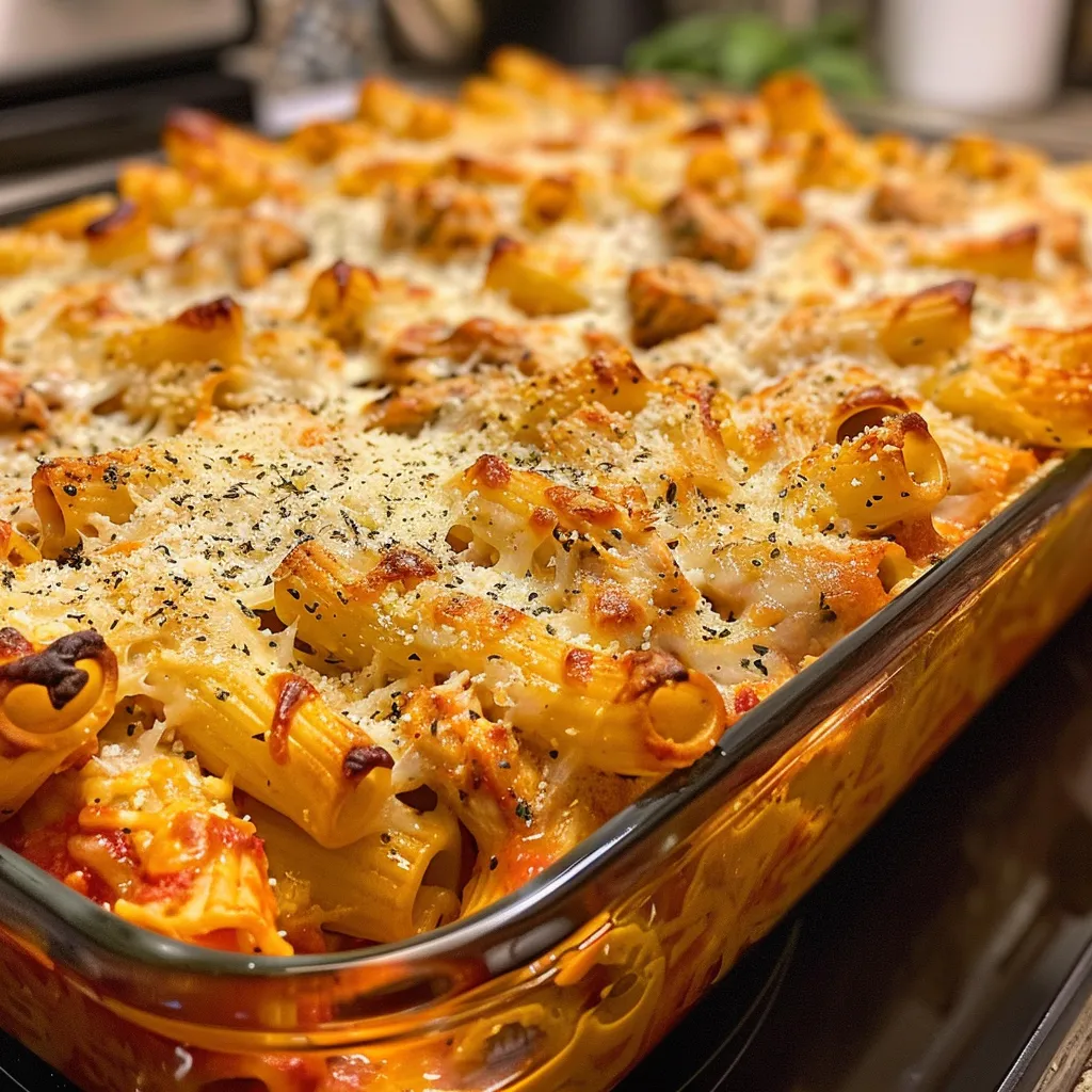 Side angle of Chicken Baked Ziti showcasing layers of pasta, chicken, and marinara.