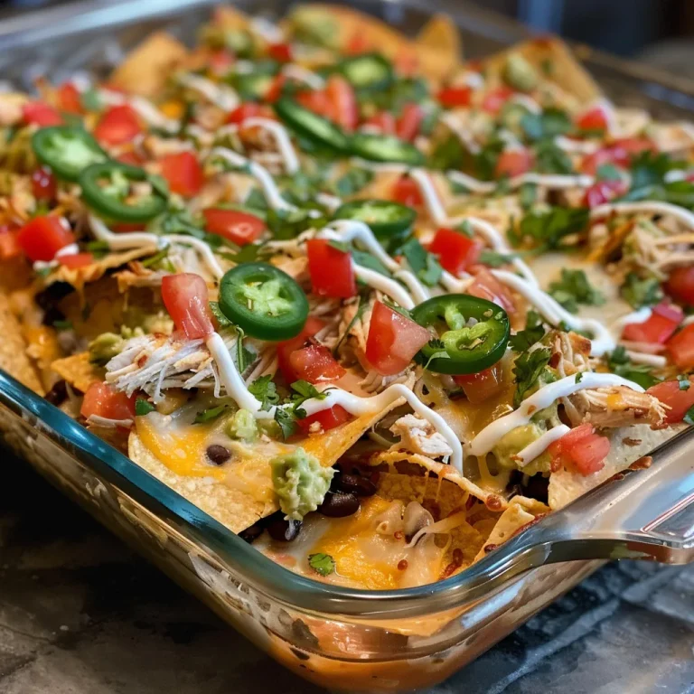 Layers of Love: The Chicken Nachos that Bring Us Together Close-up view of colorful chicken nachos topped with cheese and jalapeƱos.