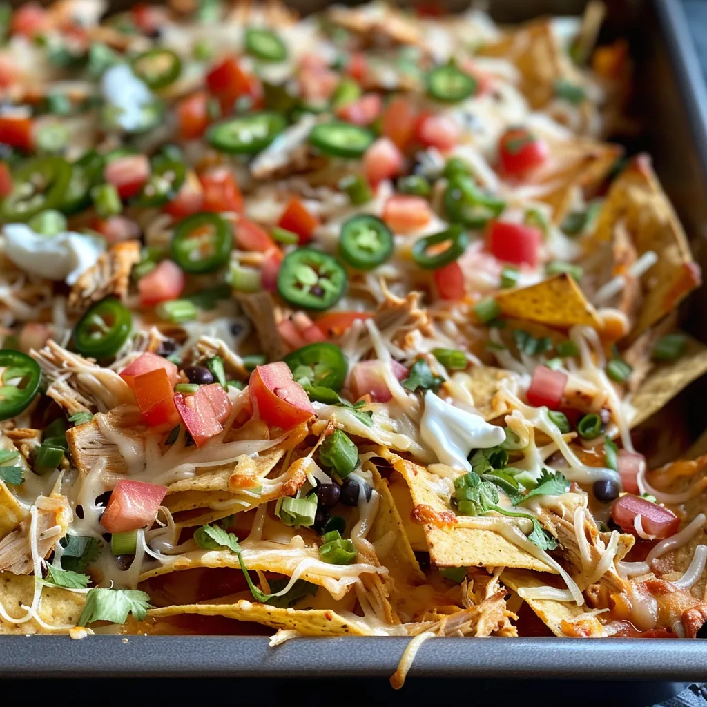 Juicy chicken nachos layered with black beans, tomatoes, and garnished with green onions.