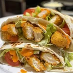 A close-up side view of a chicken nugget wrap filled with lettuce, tomato, and cheese.