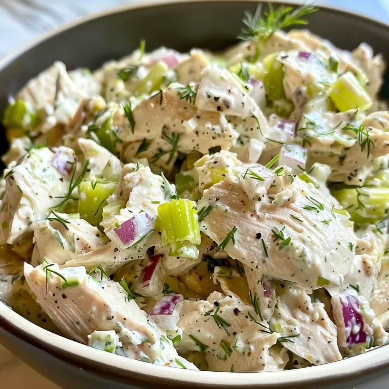A Heartwarming Chicken Salad That Whispers of Family Gatherings Juicy chicken salad with a creamy texture, showcasing ingredients like dill and lemon.