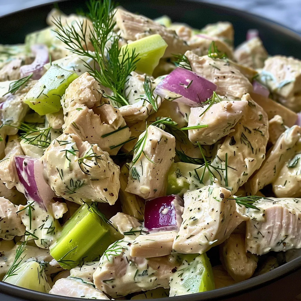 Detailed view of a healthy chicken salad topped with herbs and dressed with yogurt.