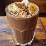 A close-up view of a creamy chocolate banana oat smoothie in a glass.