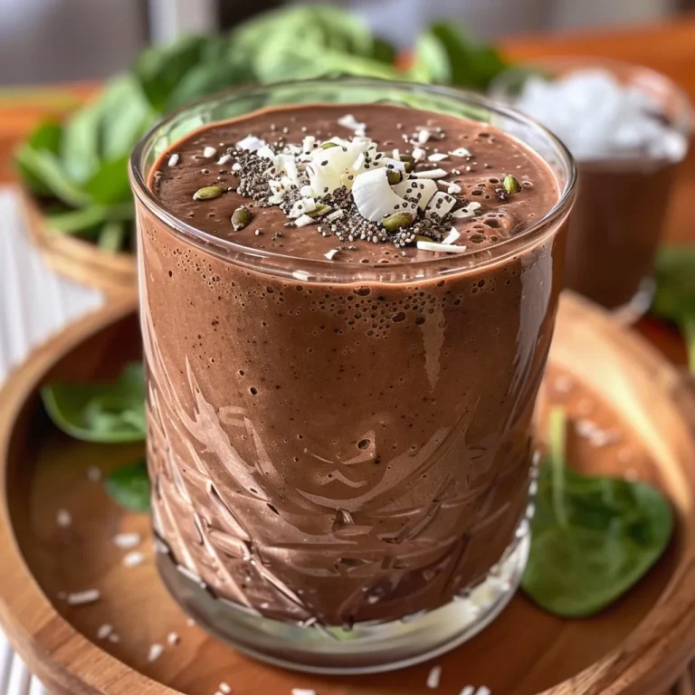 A Blissful Blend of Memories: The Chocolate Coconut Smoothie That Warms the Heart A close-up side view of a Chocolate Coconut Smoothie in a glass, showcasing its creamy texture and rich color.