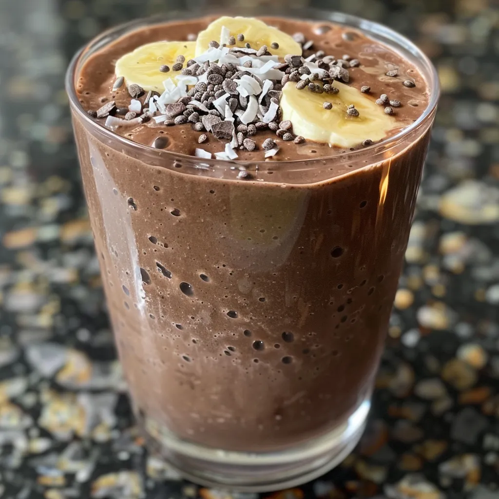 A side profile of a Chocolate Coconut Smoothie filled with chocolate tones and topped with coconut flakes in a clear glass.