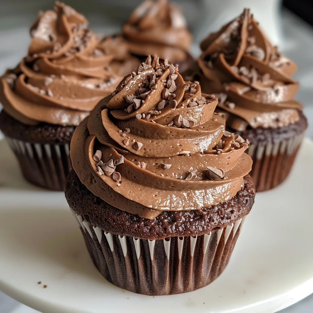 Juicy chocolate cupcakes displayed with swirls of chocolate frosting.