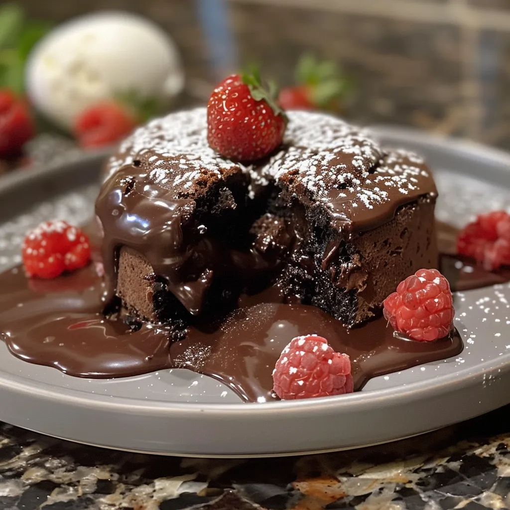 Thick, rich chocolate lava cake showcasing its gooey interior and topped with powdered sugar.