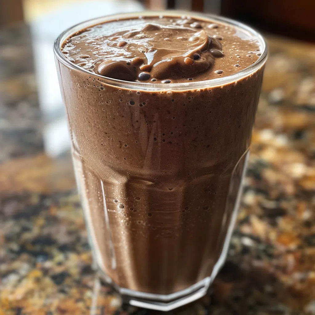 Side view of a deliciously thick chocolate peanut butter smoothie with a banana slice on top.