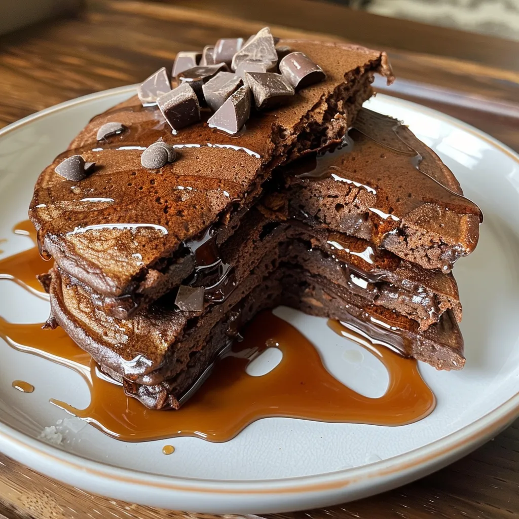 Side view of fluffy chocolate protein pancakes topped with cocoa powder and nuts.