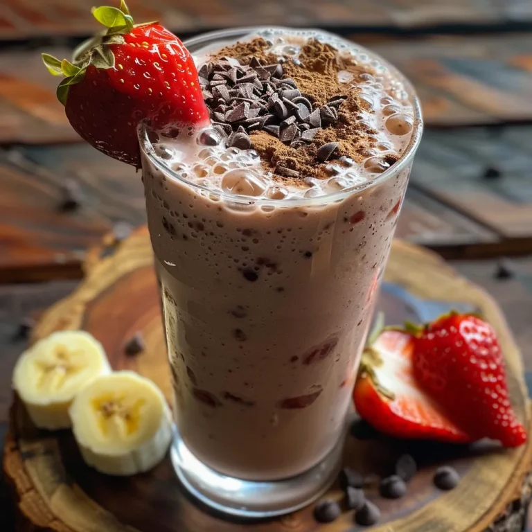 A Heartfelt Blend of Chocolate, Strawberries, and Bananas A delicious chocolate, strawberry, and banana smoothie in a glass with fresh fruits nearby.