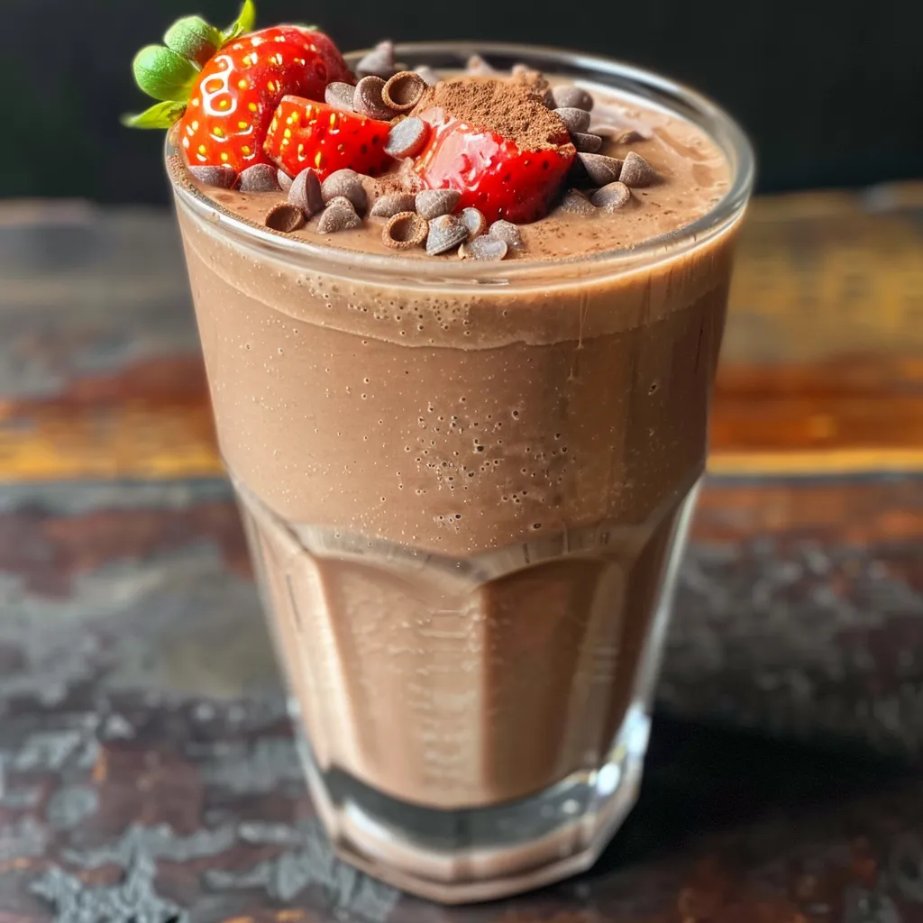 Close-up view of a creamy chocolate smoothie surrounded by strawberries and bananas.