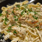 Close-up view of a bowl of creamy Chicken Alfredo Pasta with grilled chicken pieces on top.