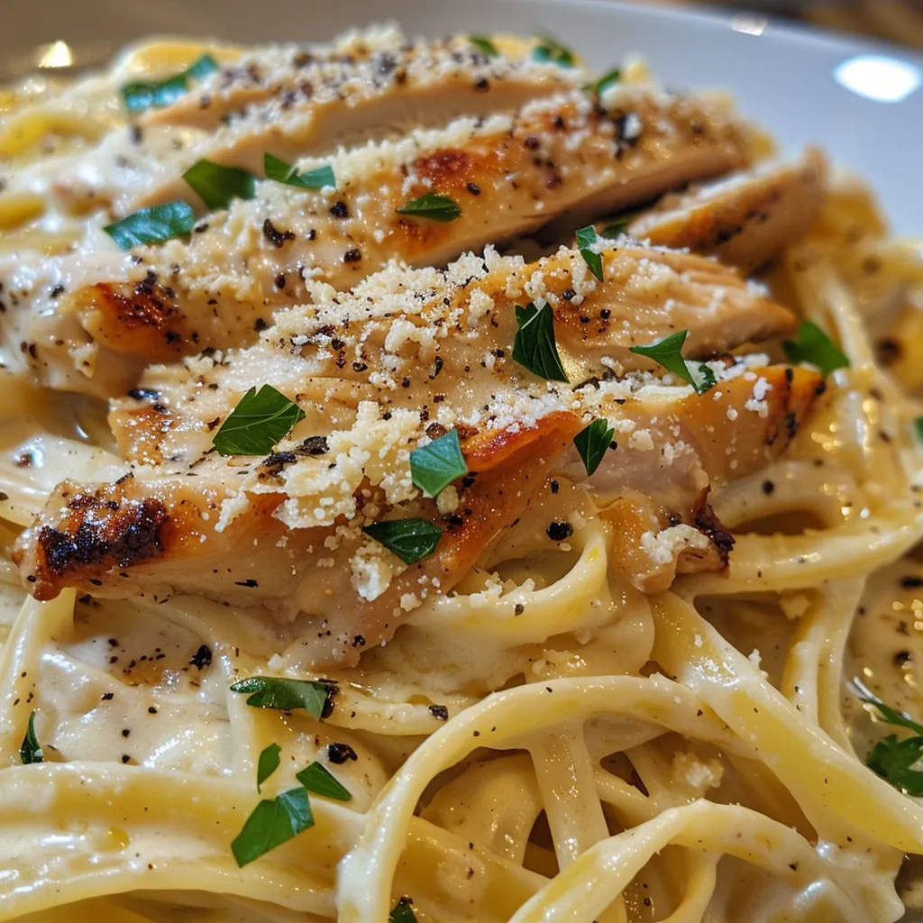 Side view of luscious Chicken Alfredo Pasta garnished with fresh parsley and grated parmesan.