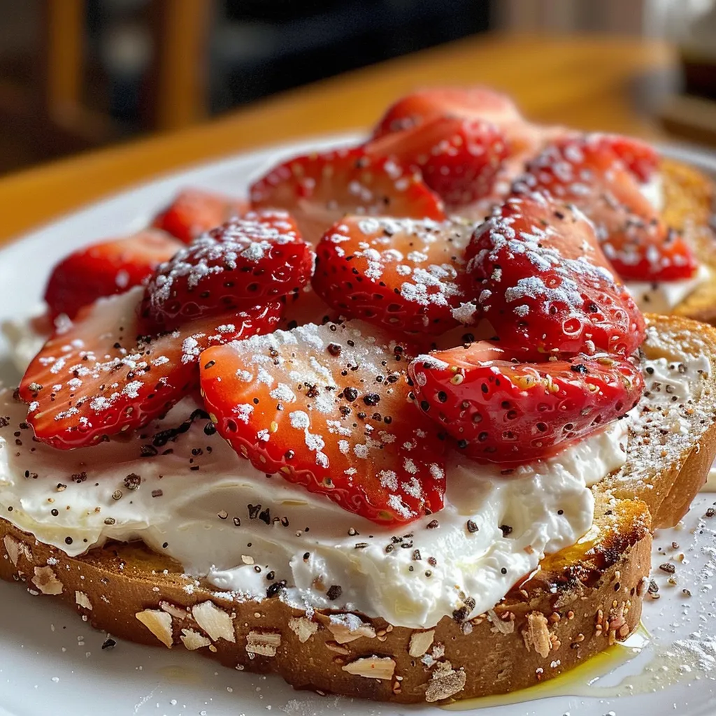 Side angle of creamy strawberry toast with vibrant red berries.