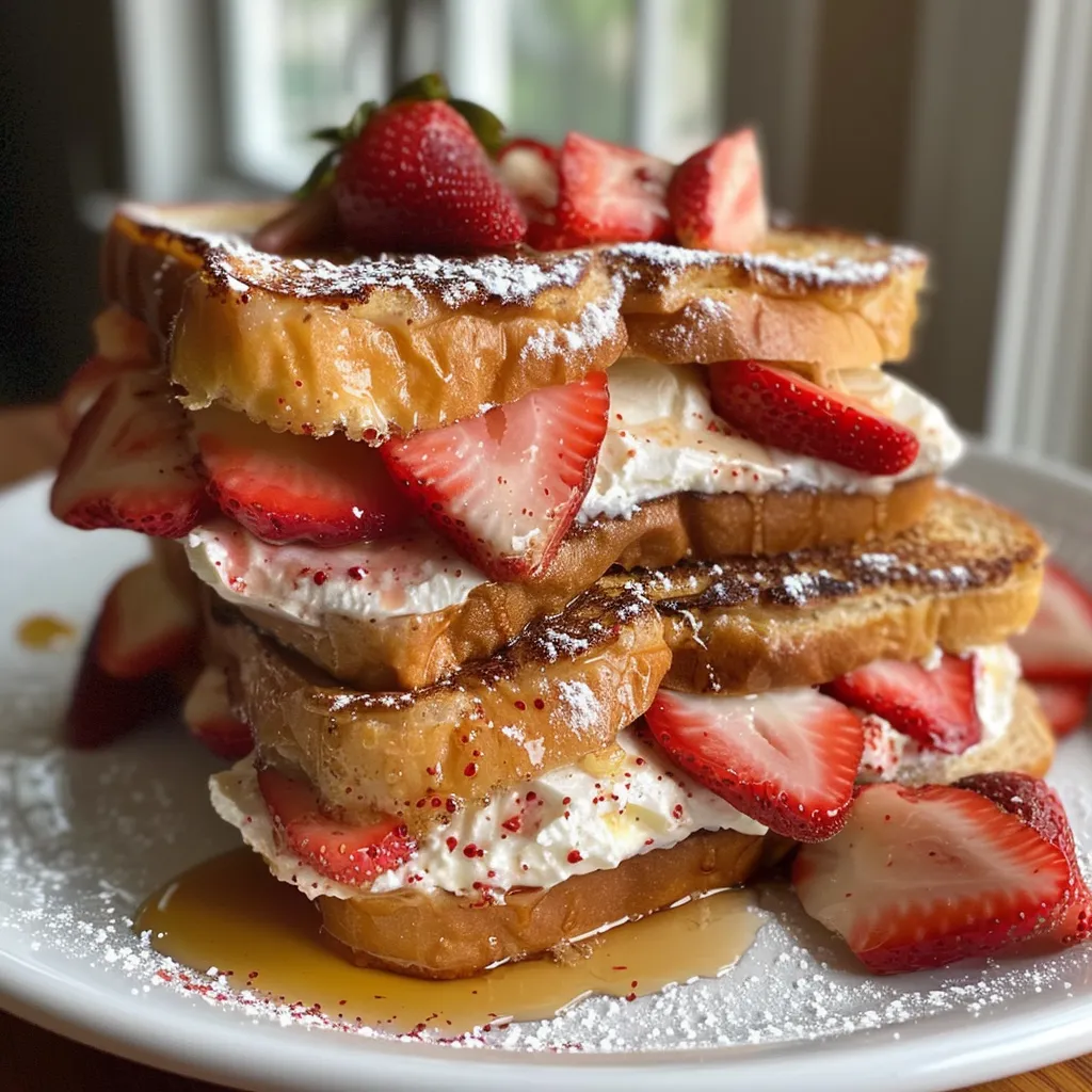 A slice of French toast filled with cream cheese and strawberries, showing golden-brown edges.