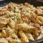 A close-up view of creamy Cajun chicken penne pasta, showing tender chicken slices and penne in a rich sauce.