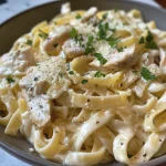 Close-up of creamy Chicken Alfredo pasta with sliced chicken and parsley garnish.