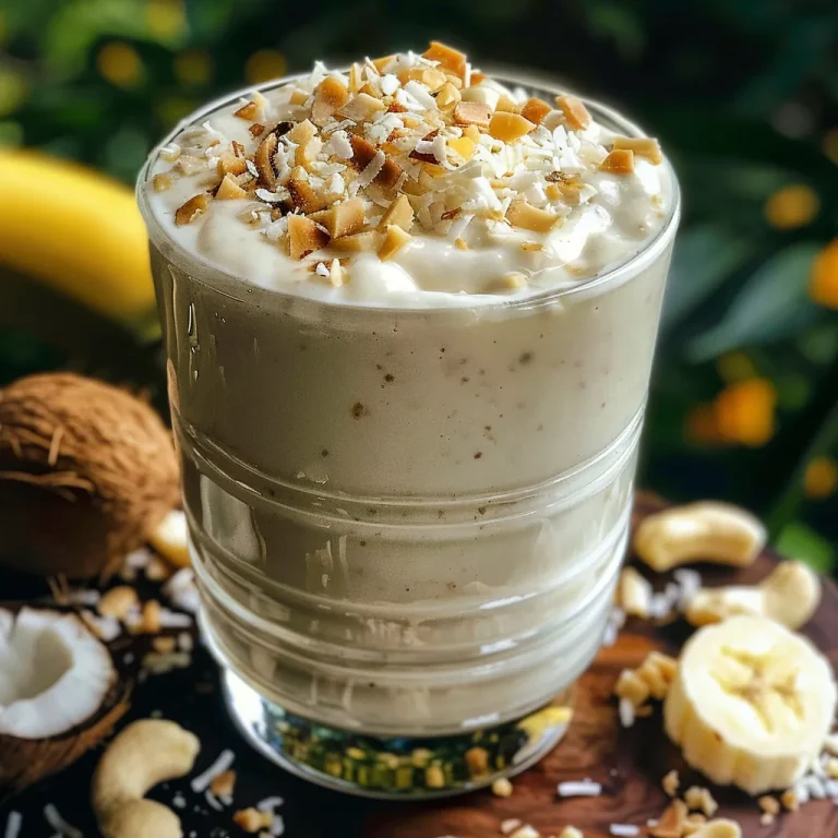 A Tropical Escape in a Glass: My Creamy Coconut Bliss Smoothie Close-up view of a creamy coconut smoothie in a glass, garnished with shredded coconut.