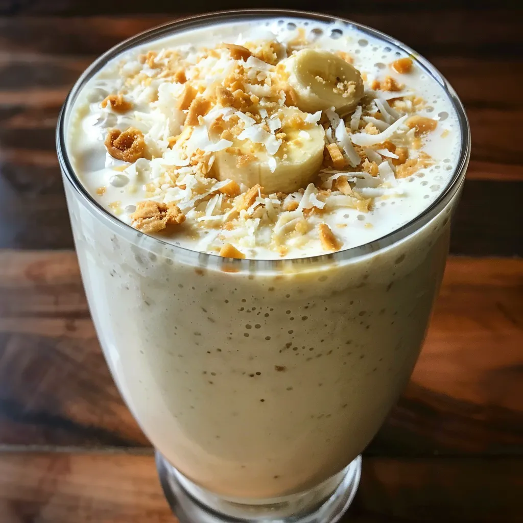 Side view of a Coconut Bliss Smoothie, showing its rich texture and creamy appearance.