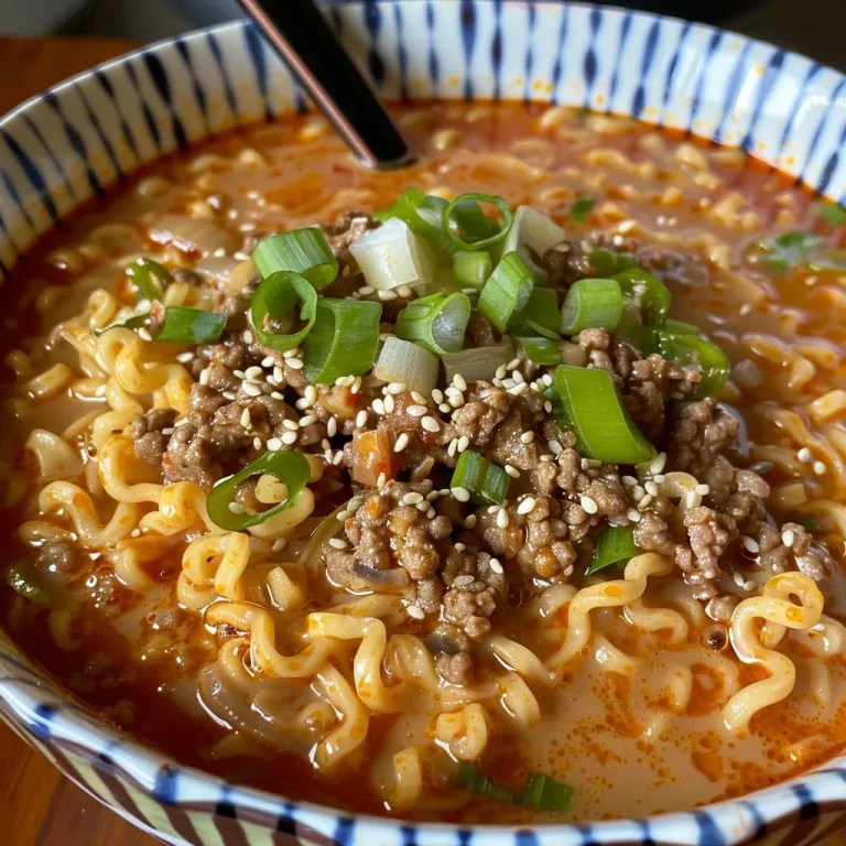 A Bowl of Comfort: The Spicy Korean Beef Ramen That Warms Hearts Close-up view of creamy spicy Korean beef ramen in a bowl.