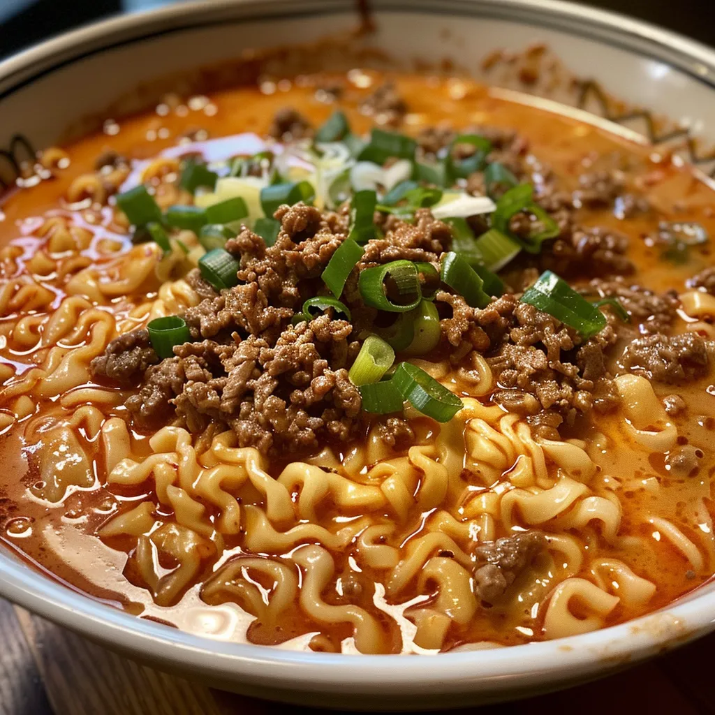 Side view of steaming Korean beef ramen topped with chili paste and herbs.