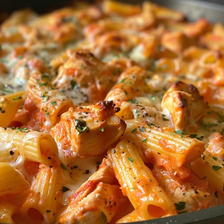 A Cozy Embrace: Creamy Tomato Chicken Pasta Bake That Feels Like Home Close-up view of creamy tomato chicken pasta bake with melted cheese on top.