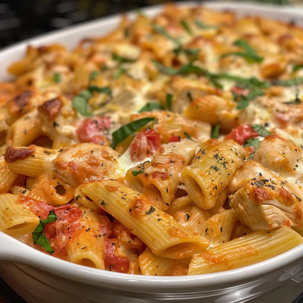 Juicy pasta bake featuring chicken, tomatoes, and cheese, served in a dish.