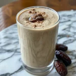 A close-up side view of a creamy vanilla date smoothie in a glass, showcasing its thick texture and frothy top.