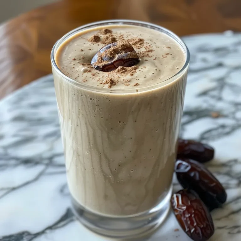 A close-up side view of a creamy vanilla date smoothie in a glass, showcasing its thick texture and frothy top.