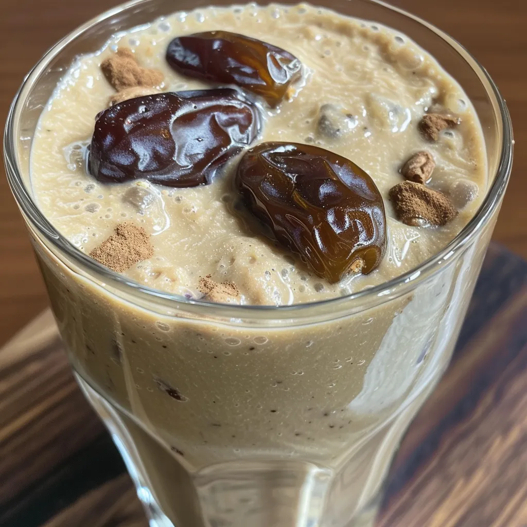 A detailed view of a delicious creamy vanilla date smoothie with visible ingredients, served in a clear glass.