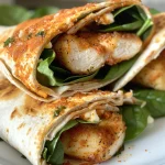 Close-up view of Crispy Air Fryer Chicken and Mozzarella Wraps with fresh spinach.