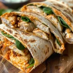 Close-up view of crispy chicken wraps with mozzarella and spinach.