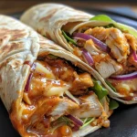 Close-up of a crispy BBQ chicken wrap with fresh ingredients visible.