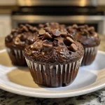 Close-up of a side view of a double chocolate chip muffin, showcasing its soft texture and chocolate chips.