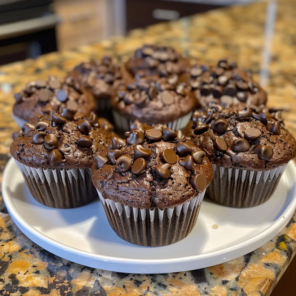 Juicy double chocolate chip muffin, highlighting its rich cocoa color and melted chocolate chunks.