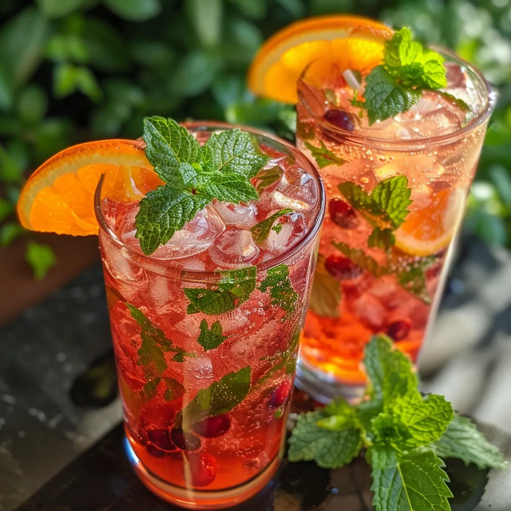 Side view of a refreshing Easter Bunny Fizz cocktail with ice, mint leaves, and orange slices.